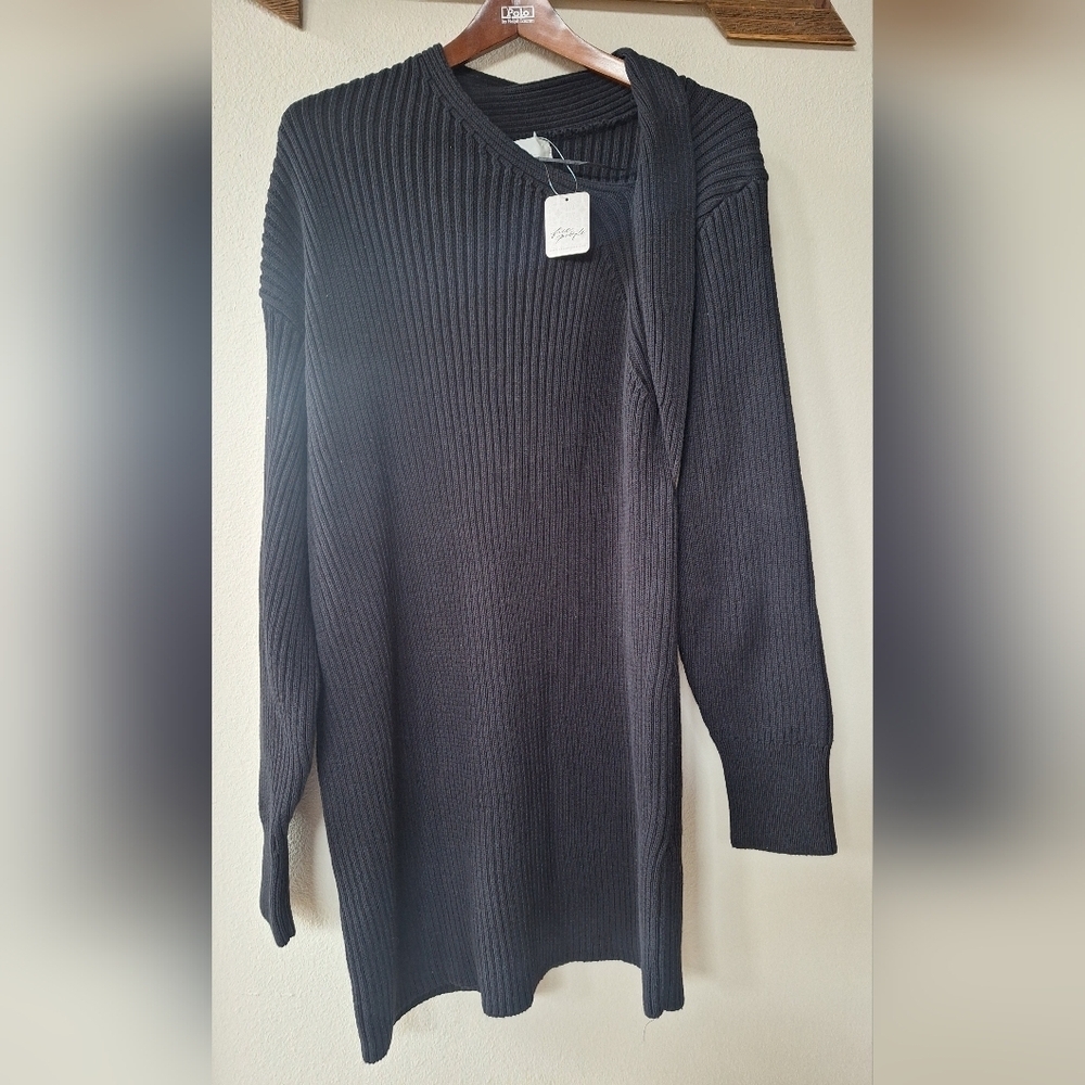 NWT Free People Beach Black Chunky Knit Sweater Knee Length Dress Size L